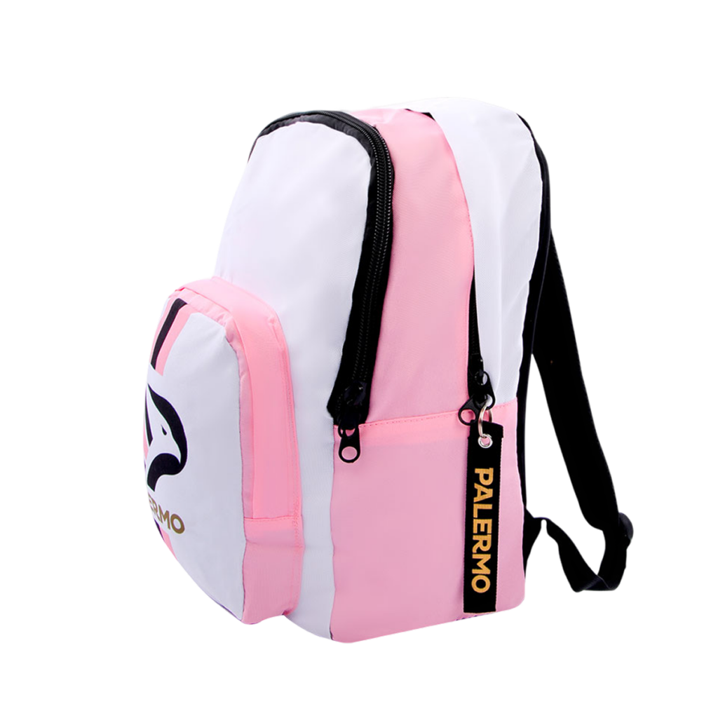 vista laterale dello zaino scuola Palermo FC con portachiavi