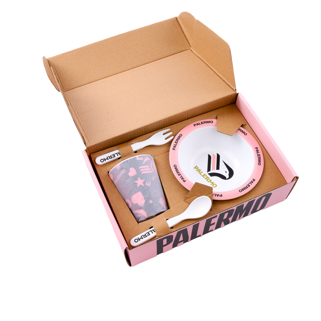 Box set pappa bambino Palermo FC con cucchiaio forchetta piattino e bicchiere