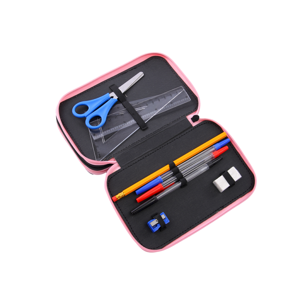 Astuccio portacolori Palermo FC con 3 zip, vista dell'interno con penne, matite, gomma, righelli, forbici