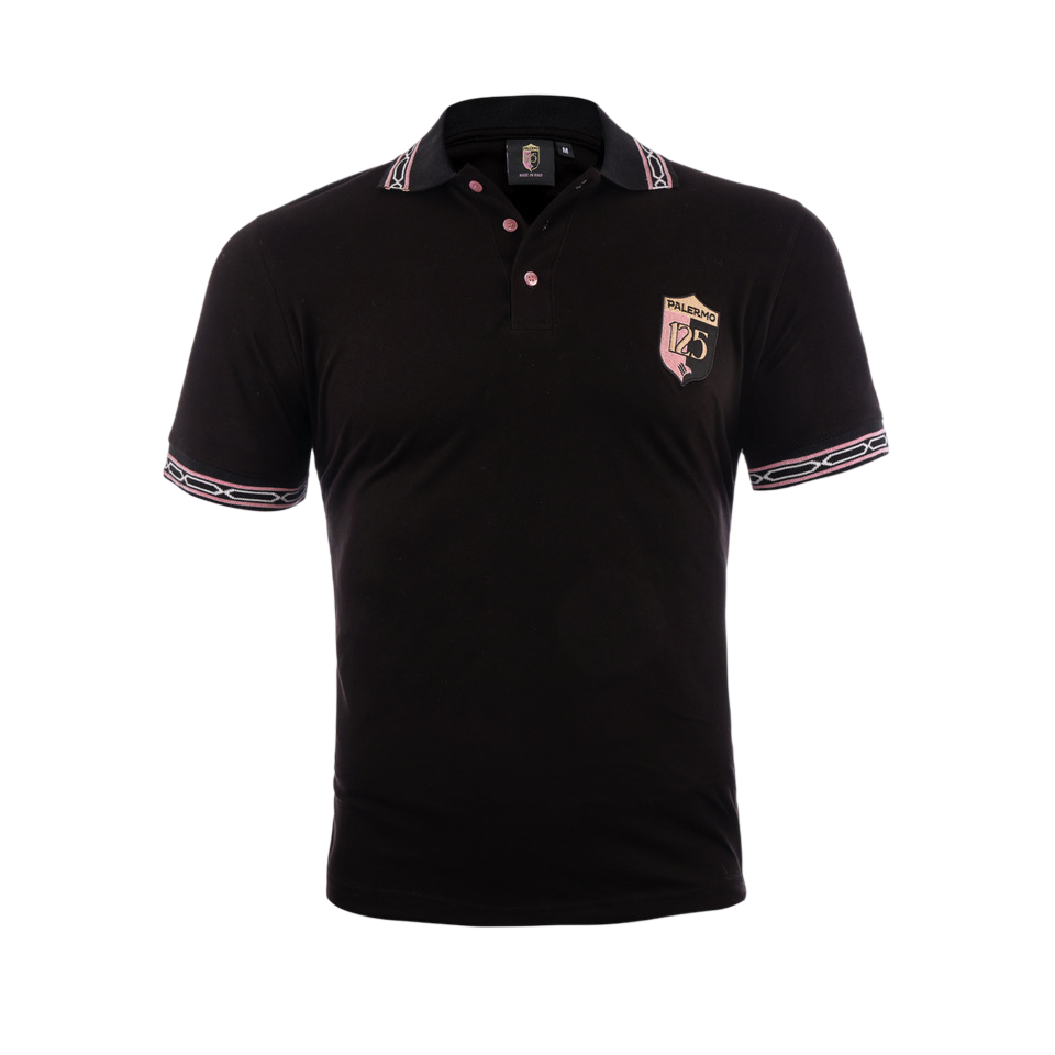 polo nera a maniche corte Palermo FC capsule 125 anniversario con tre bottoni rosa e stemma "Palermo 125"