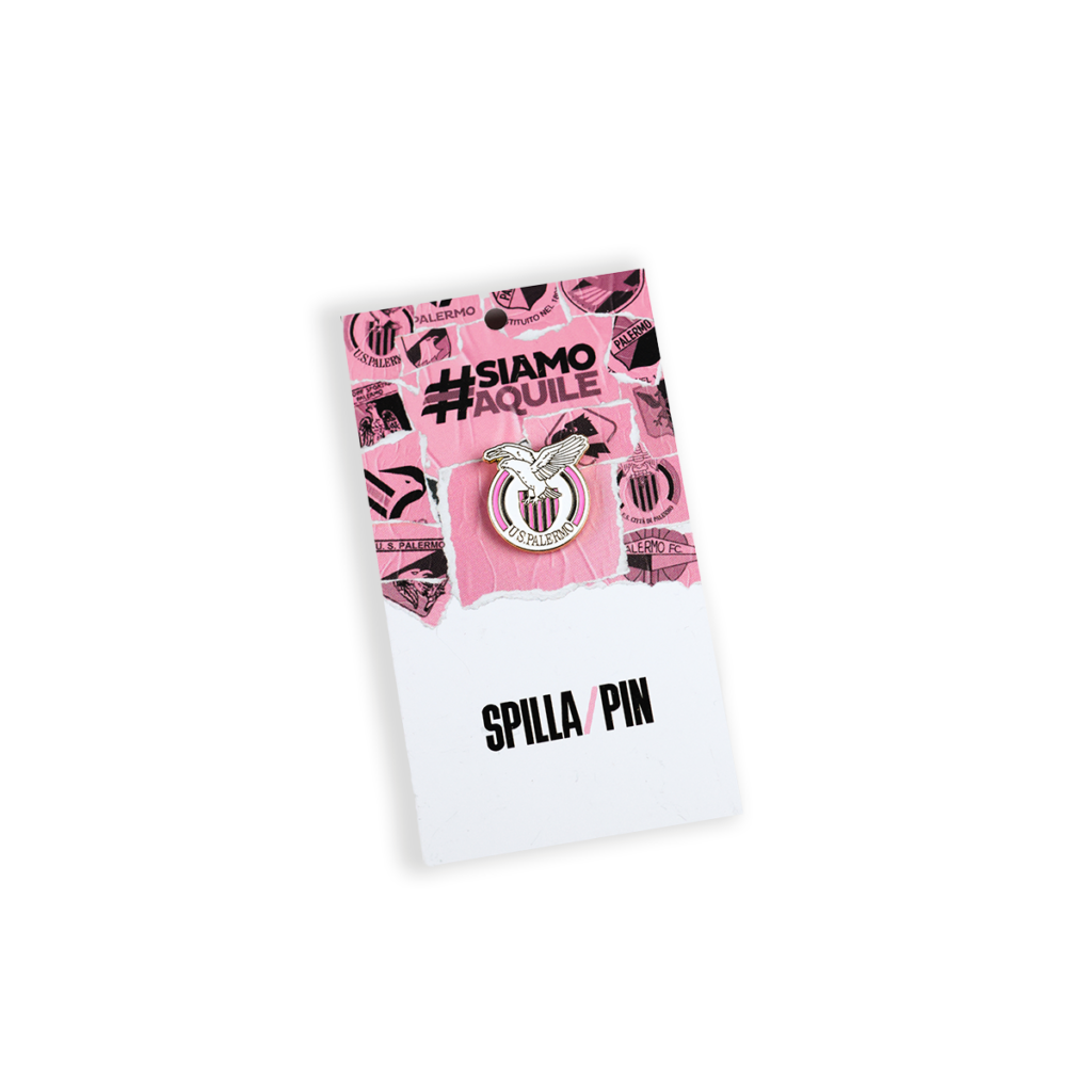 Spilla U.S. Palermo 1991 con aquila b bianca e stemma rosanero su cartoncino espositivo
