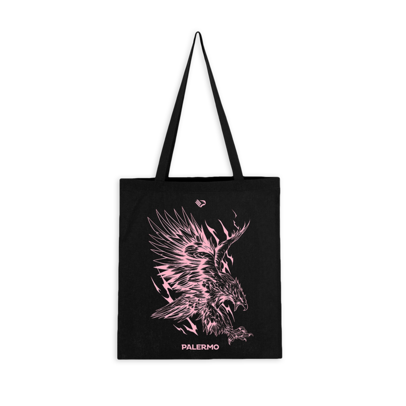 Borsa shopper nera della Collezione Aquile, con aquila rosa, scritta PALERMO e stemma aquila del Palermo FC