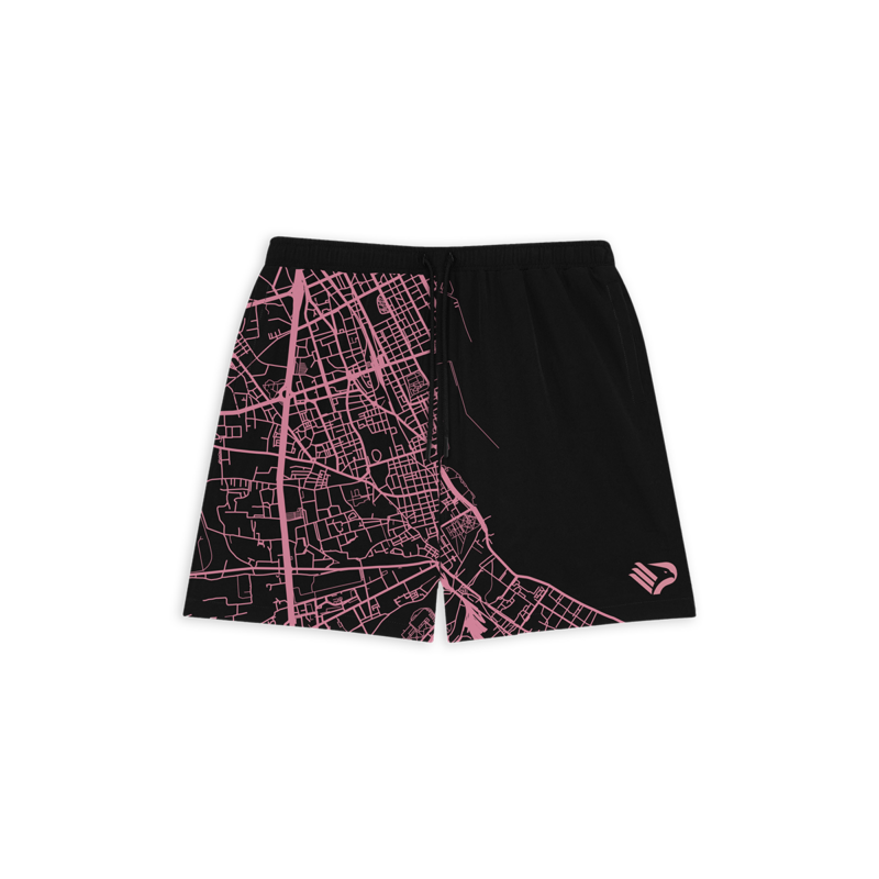 Costume mare nero della Collezione Aquile con grafica ispirata alla mappa di Palermo e stemma aquila del Palermo FC sulla gamba sinistra, dotato di elastico e coulisse in vita