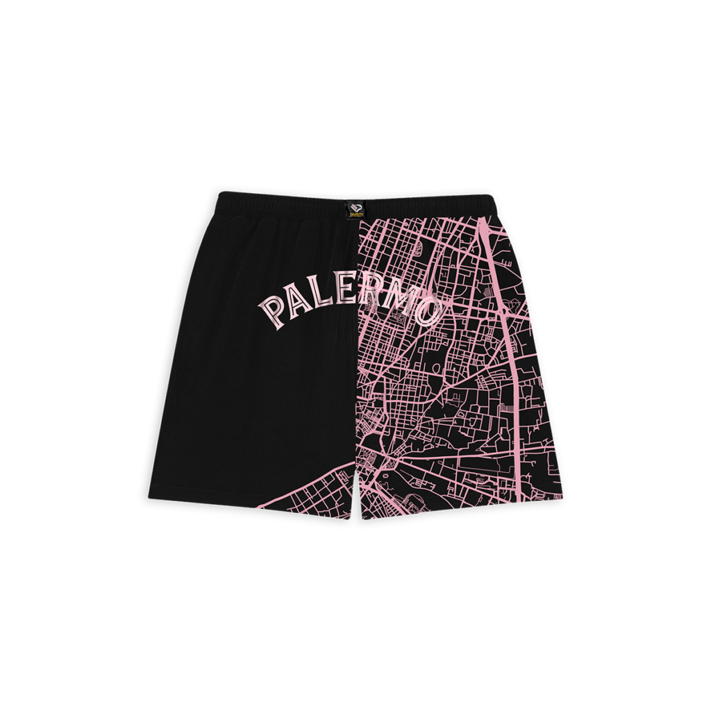 Retro del costume mare nero della Collezione Aquile con grafica ispirata alla mappa di Palermo e scritta PALERMO sulla parte posteriore