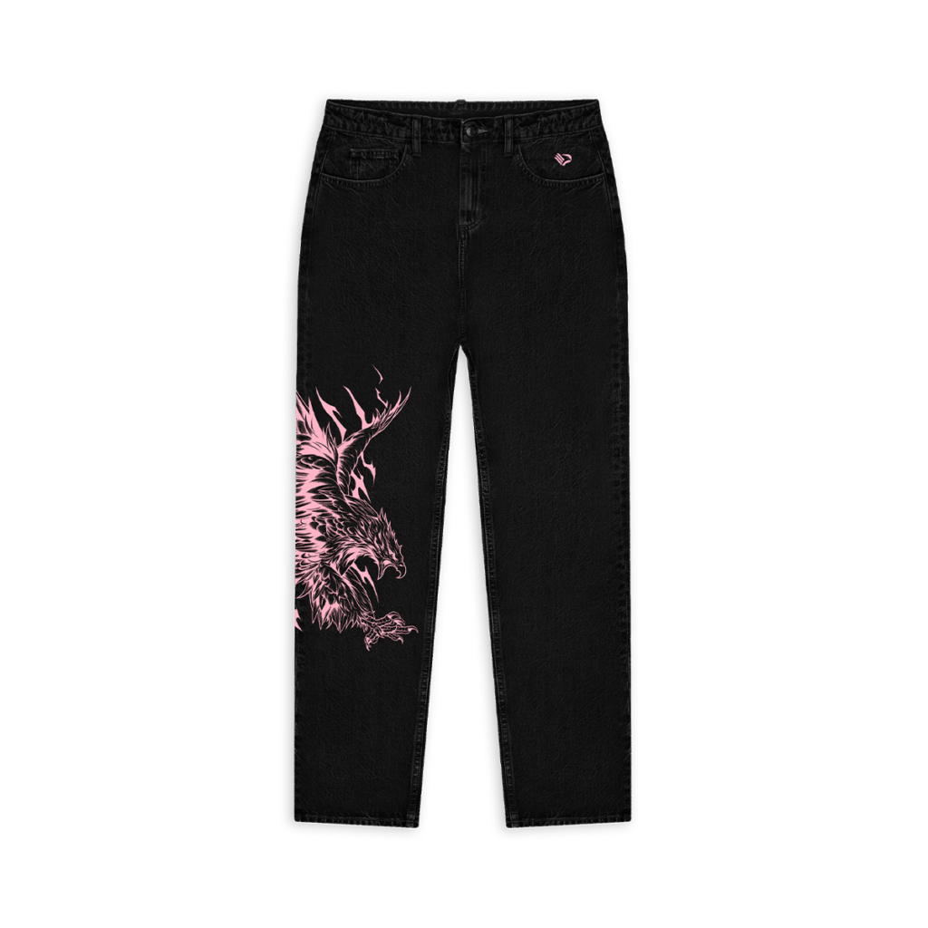 Jeans neri della collezione Aquile con aquila stampata sulla gamba destra e stemma del Palermo FC sopra la tasca sinistra, dotati di bottone e cerniera