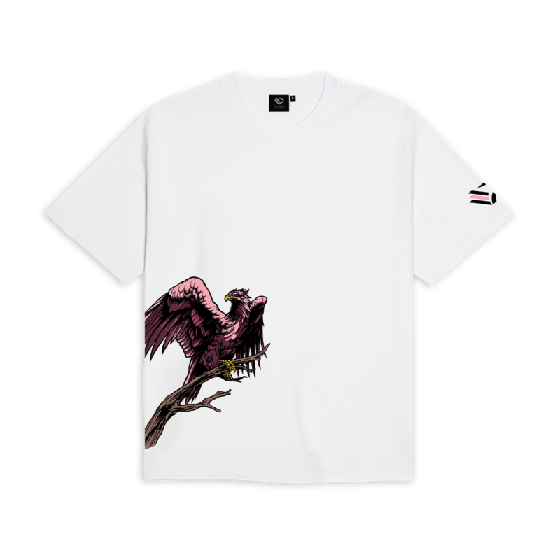 T-shirt bianca Collezione Aquile con grafica aquila raffigurata su un ramo e stemma rosanero del Palermo FC sulla manica sinistra