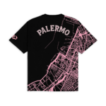 T-shirt nera Collezione Aquile con grafica rosa ispirata alla mappa di Palermo, scritta PALERMO sul retro e stemma aquila sulla manica sinistra