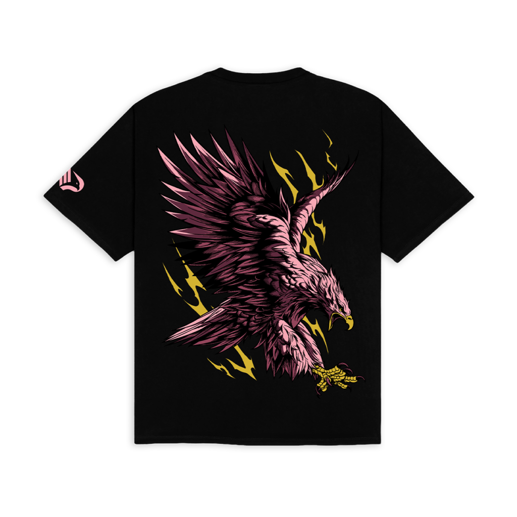 Retro della t-shirt nera Collezione Aquile con grafica aquila sulla parte posteriore e stemma rosa del Palermo FC sulla manica sinistra