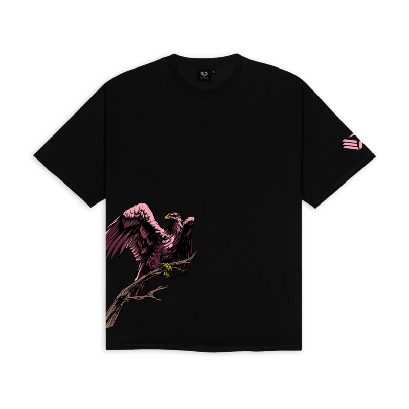 T-shirt nera Collezione Aquile con grafica aquila raffigurata su un ramo e stemma rosa del Palermo FC sulla manica sinistra