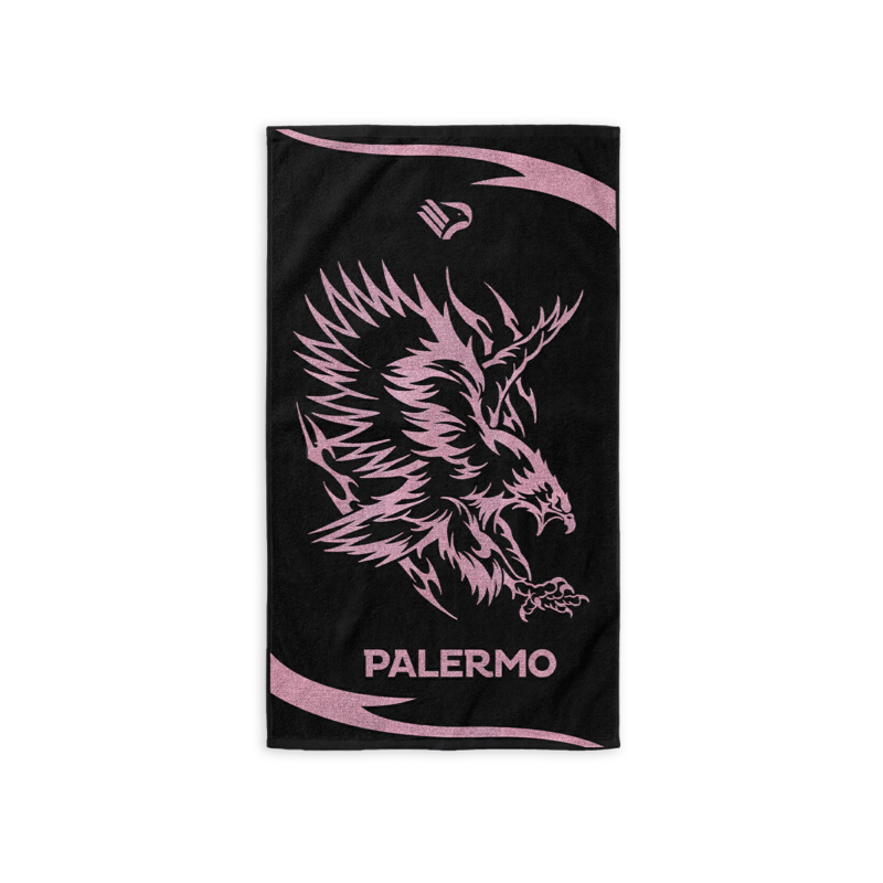 Telo mare nero con aquila rosa, scritta PALERMO e stemma aquila del Palermo FC
