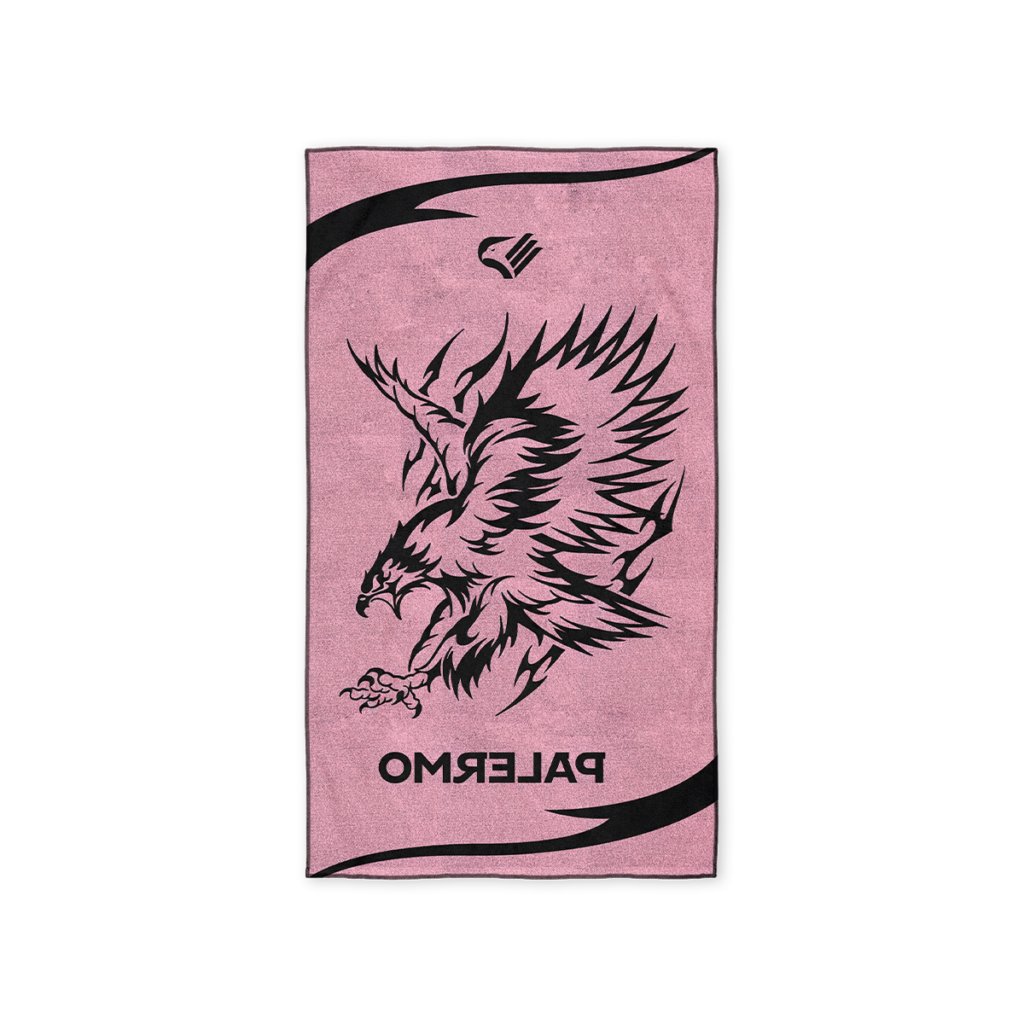 Retro del telo mare nero con vista degli elementi grafici in negativo: aquila nera, scritta PALERMO e stemma aquila del Palermo FC