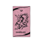 Retro del telo mare nero con vista degli elementi grafici in negativo: aquila nera, scritta PALERMO e stemma aquila del Palermo FC