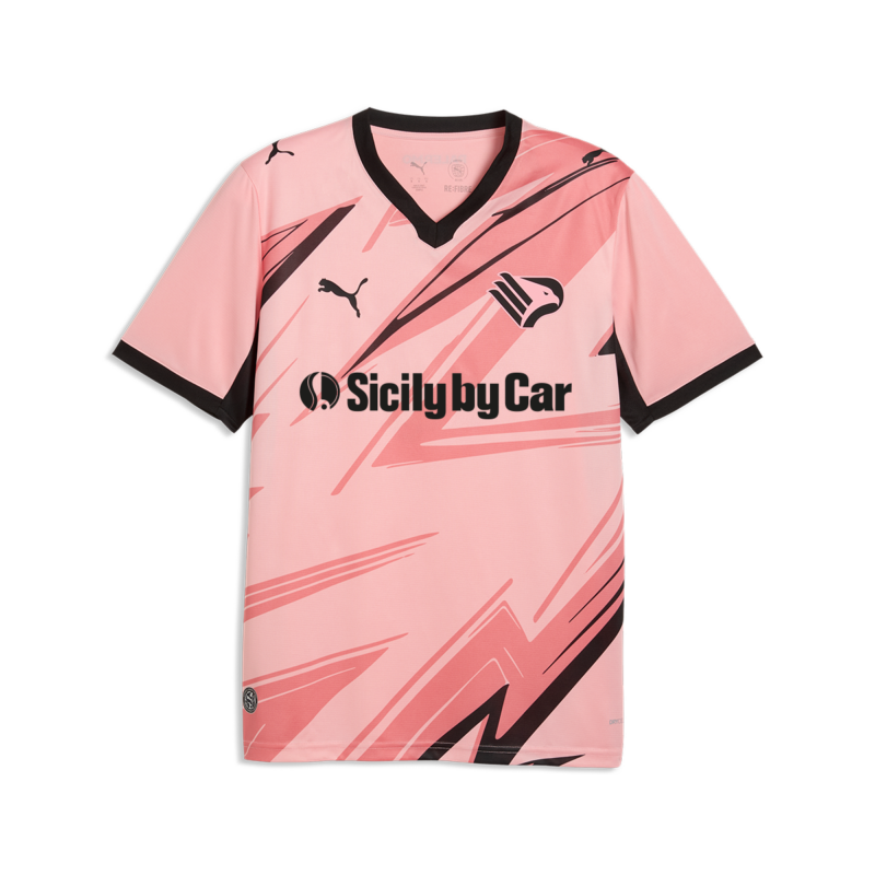 vista frontale della maglia gara home Palermo FC 2025/26 da adulto con stemma aquila rosanero, loghi degli sponsor Puma e Sicily by Car