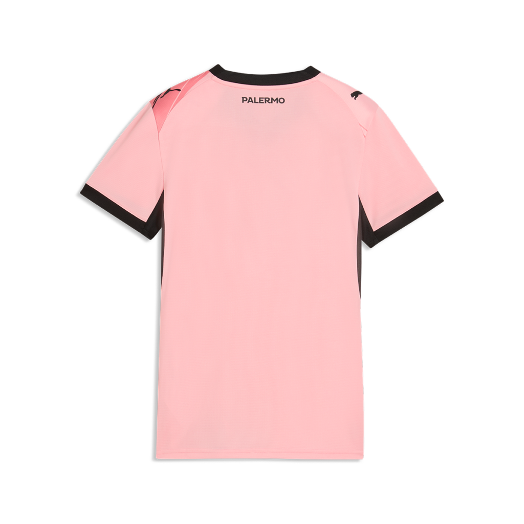 vista posteriore maglia gara home Palermo FC 2025/26 da donna, con scritta PALERMO sotto il collo