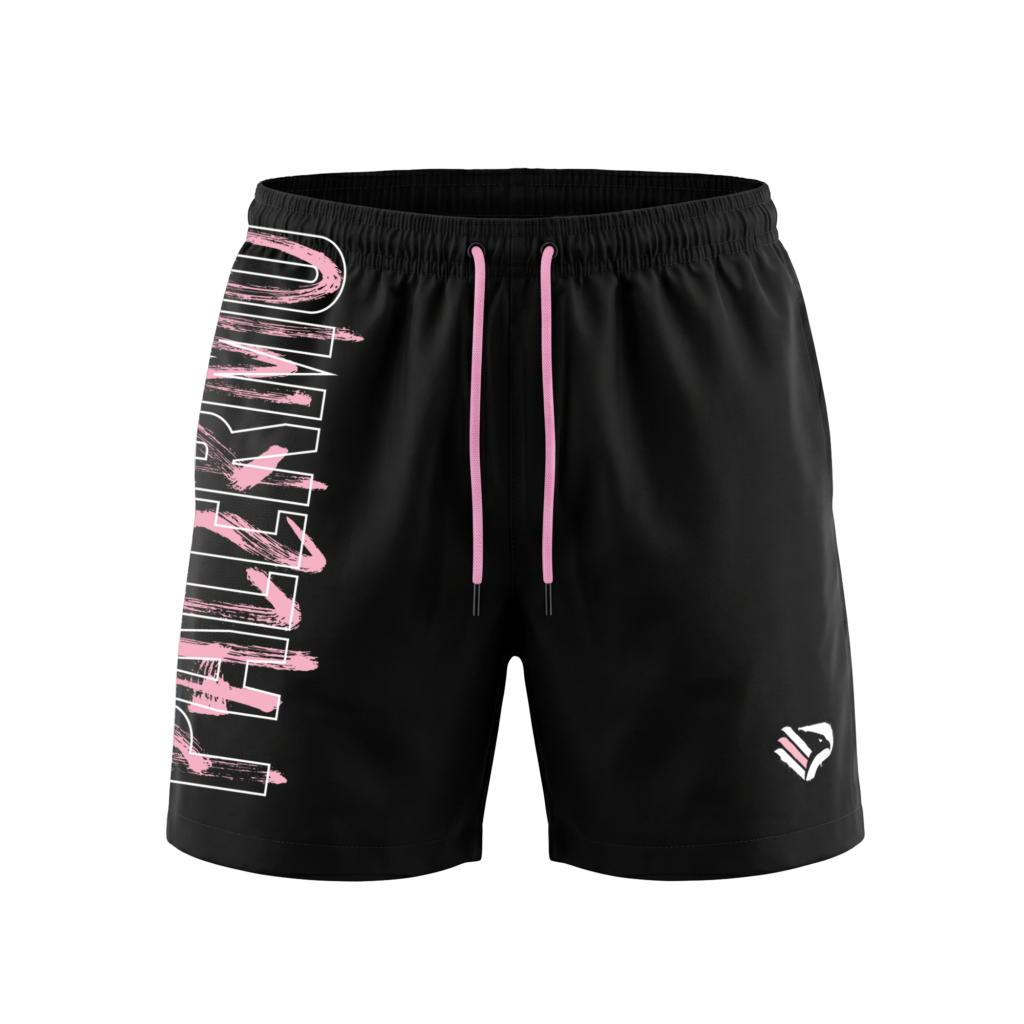 Costume mare uomo a pantaloncino nero modello "Graffiti" con scritta Palermo rosanero lungo la gamba destra e piccolo stemma aquila sulla gamba sinistra.