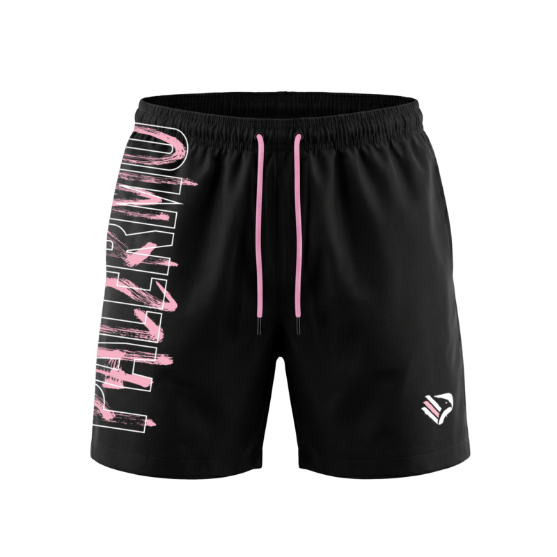 Costume mare uomo a pantaloncino nero modello "Graffiti" con scritta Palermo rosanero lungo la gamba destra e piccolo stemma aquila sulla gamba sinistra.