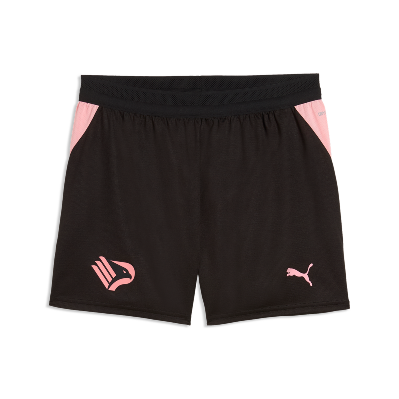 Vista frontale dei pantaloncini gara Home Palermo FC 2025/26 da bambino, neri con dettagli rosa sui fianchi e loghi Palermo FC e Puma all'altezza delle cosce