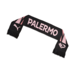 Vista posteriore della sciarpa Palermo FC 2026/27 nera con scritta Palermo, dettagli rosa e loghi Palermo e Puma