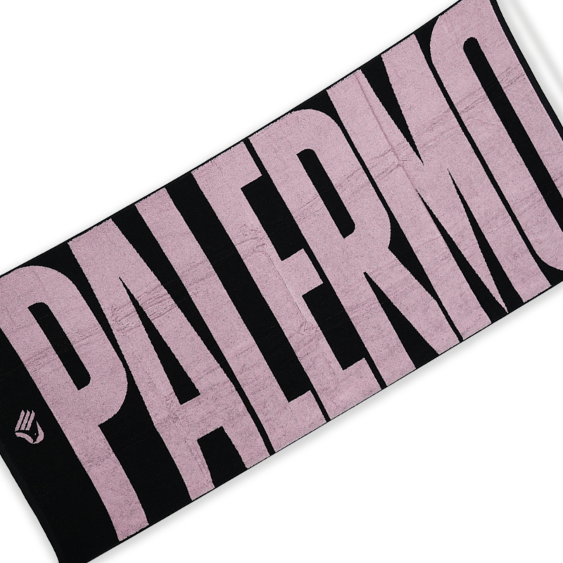 Telo mare nero con scritta Palermo rosa e stemma aquila