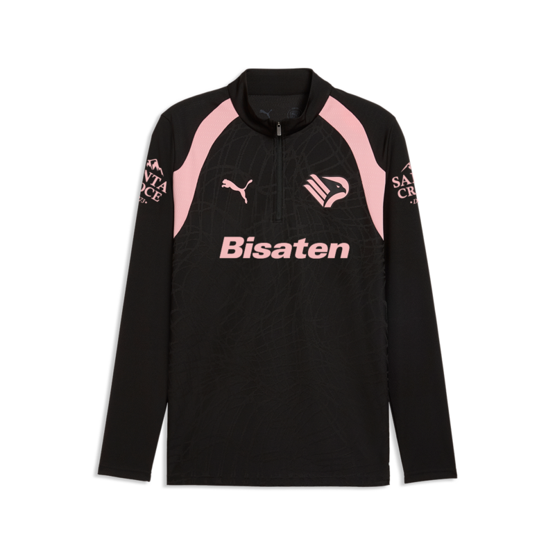 Felpa nera allenamento Staff Palermo FC 2026-27, con mezza zip. Logo Puma e Palermo, sponsor Bisaten nella parte frontale, sponsor Santa Croce sulle maniche.