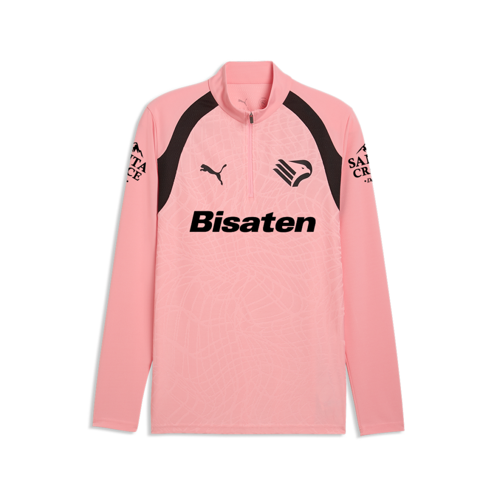 Felpa rosa allenamento Palermo FC 2026-27, con mezza zip. Logo Puma e Palermo, sponsor Bisaten nella parte frontale, sponsor Santa Croce sulle maniche.