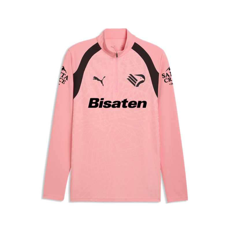 Felpa rosa allenamento Palermo FC 2026-27, con mezza zip. Logo Puma e Palermo, sponsor Bisaten nella parte frontale, sponsor Santa Croce sulle maniche.