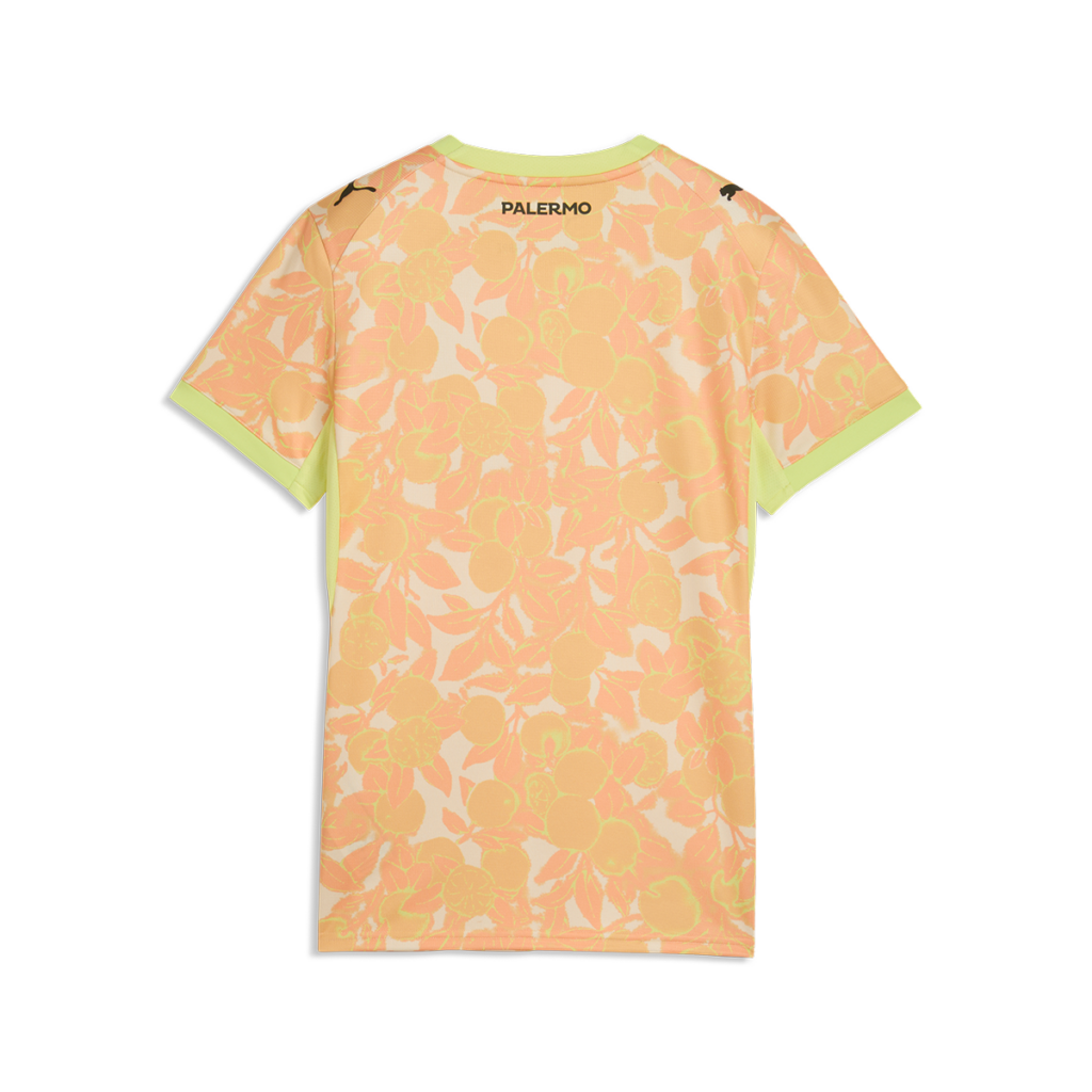 vista posteriore della maglia gara away Palermo FC 2026/27 da donna, con piccola scritta PALERMO sotto il collo e logo dello sponsor Etihad Airways nella parte inferiore