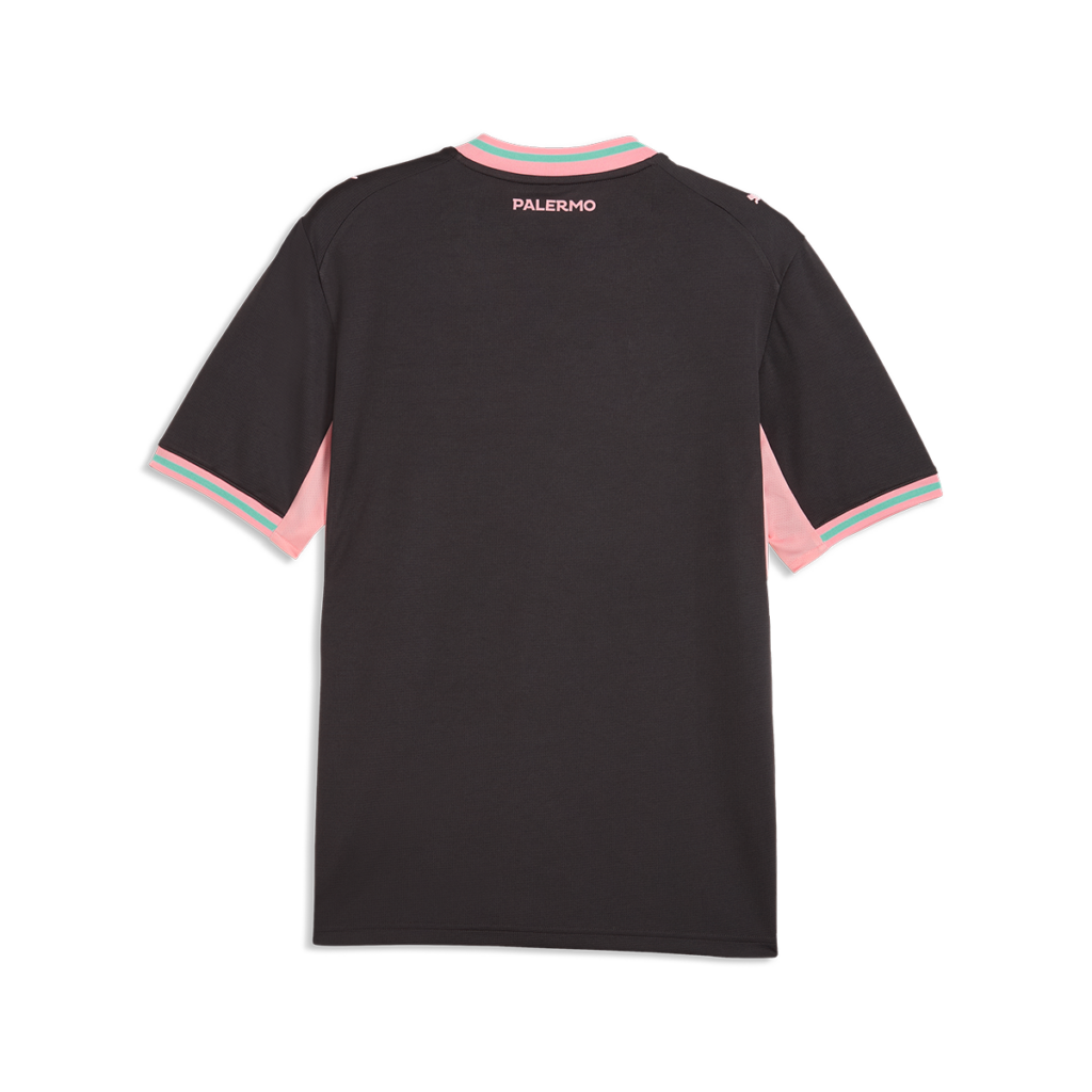 vista posteriore della maglia gara Third Palermo FC 2026/27 da adulto, color antracite con dettagli rosa sulle maniche, piccola scritta "PALERMO" rosa sotto il colletto